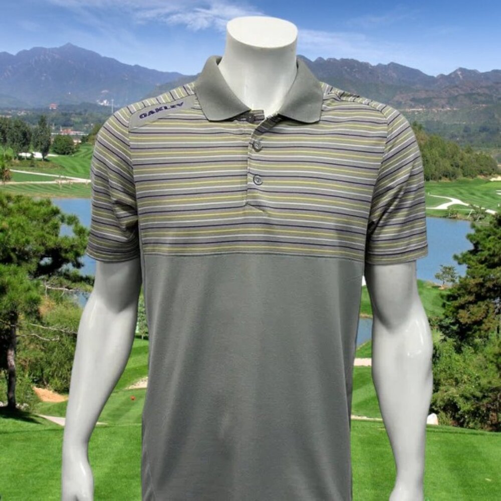 OAKLEY Hydrolix Gray White Yellow Purple Stripe Regular Fit Polo Shirt Large